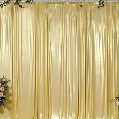 Floor-length gold shimmer drape photo booth backdrop with greenery accents