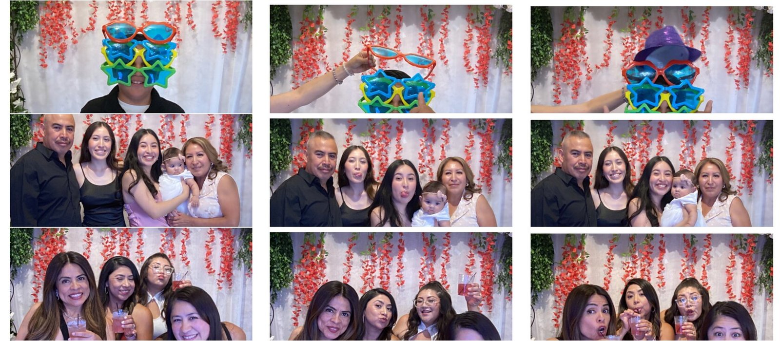 Guests posing with props at a SoCalFun365 quinceañera photo booth with a floral backdrop in Orange County
