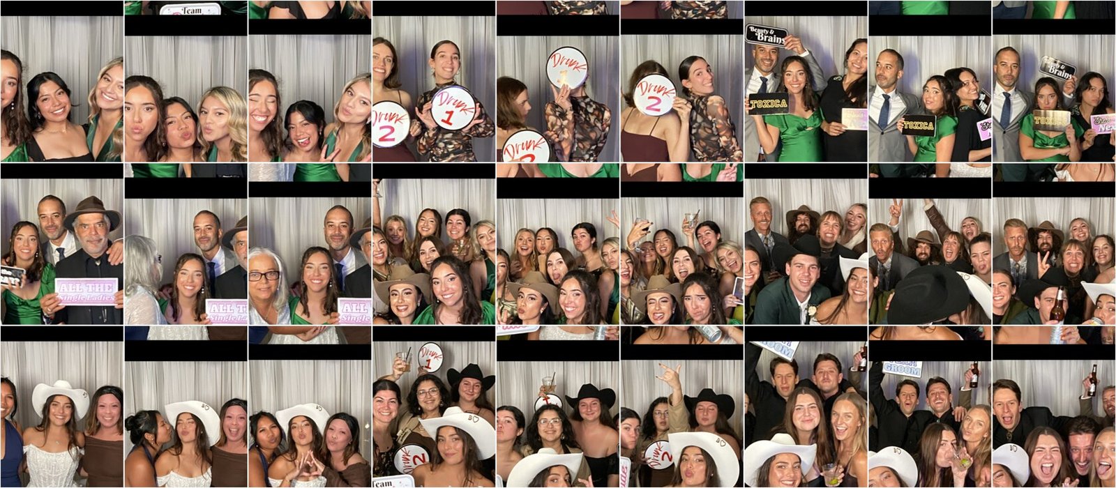 A wall of SoCalFun365 wedding photo booth print strips from a real Orange County wedding reception