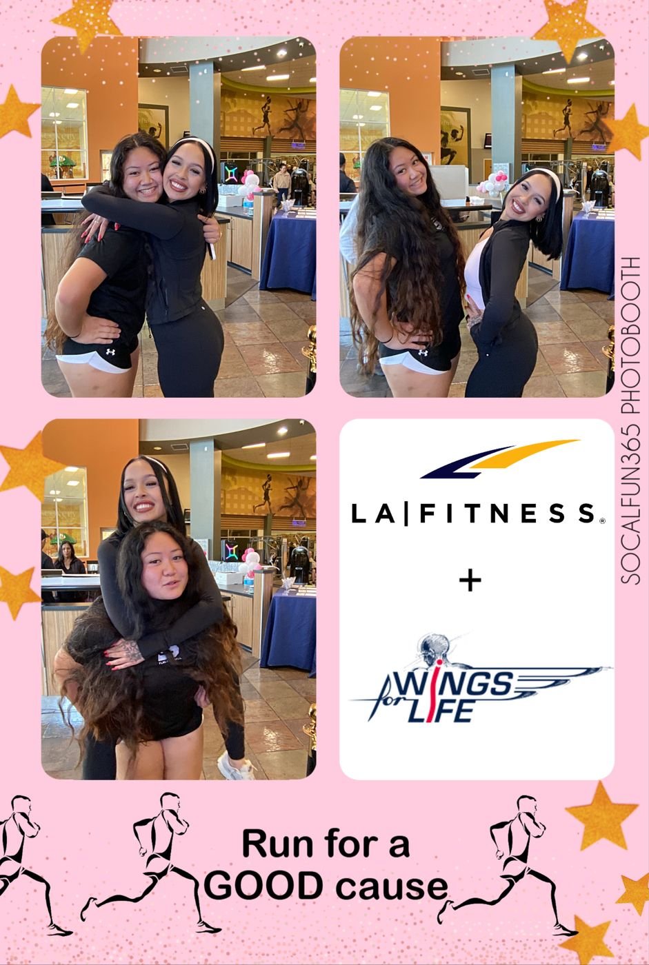 Friends posing at a charity run photo booth activation by SoCalFun365 in Orange County