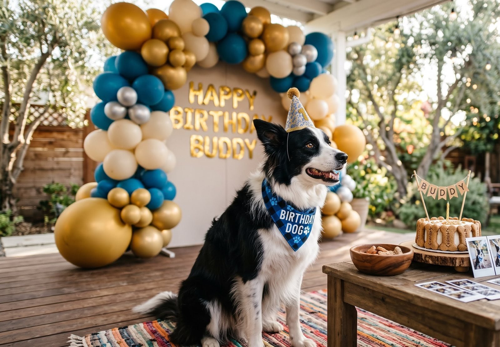 A border collie in a party hat beside a gold and blue balloon arch at a backyard dog birthday party in Orange County