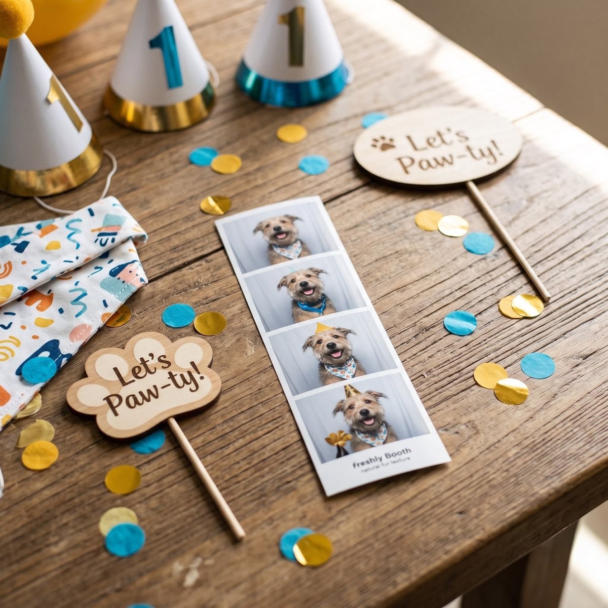 Pet party props, a bandana, and a photo booth print strip of a dog laid out on a table