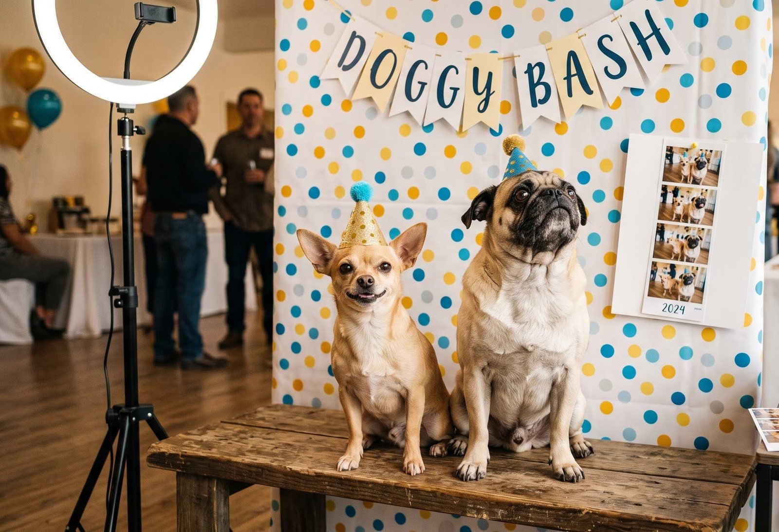 A chihuahua and a pug in party hats at a Doggy Bash photo booth backdrop in Orange County
